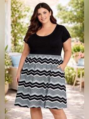 Torrid 3X Knit Top Chevron Dress Black Aqua Fit & Flare Short Sleeve Plus Size